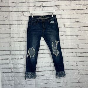 Machine Nouvelle Mode Blue Capri Jeans High Rise Raw Frayed Knee 30 Ripped Dark